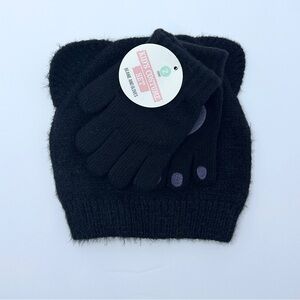 Kid's Black Cat Beanie & Gloves